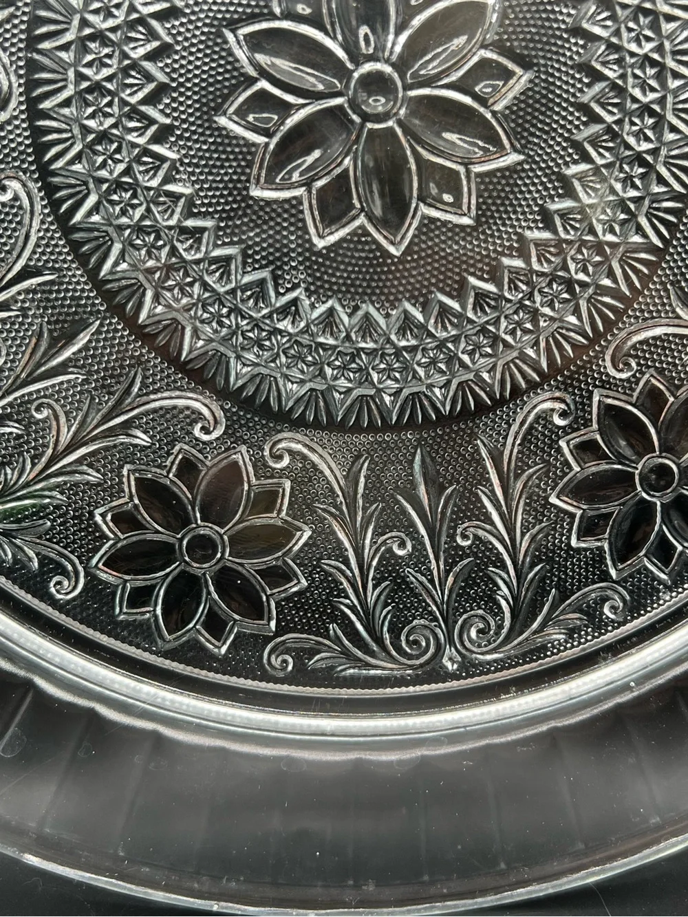 Vintage Heavy Pressed Glass Floral Serving Platter 13” Decorative Cake Plate